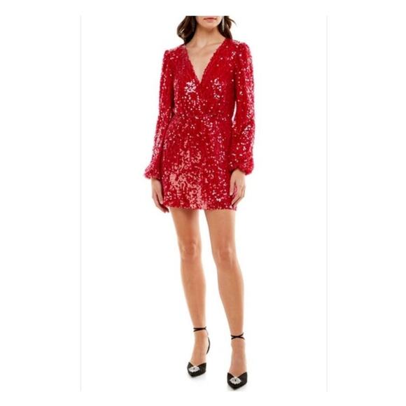 NEW WAYF Emma Rose Carrie sequin holiday red mini long sleeve dress small - Picture 1 of 11